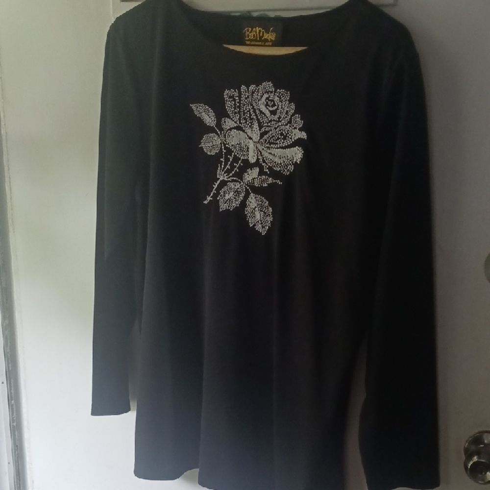 Bobbie Brooks Black Long Sleeve Top with Silver Floral Design